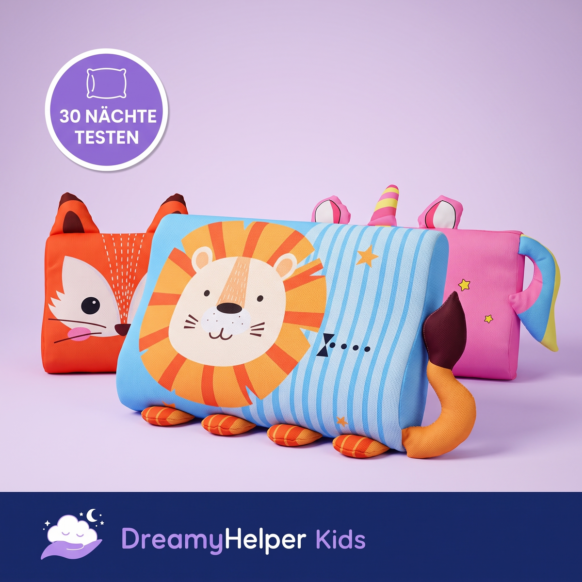 DreamyPillow™ Kids – Kinderkissen Löwe, Fuchs und Einhorn, 30 Nächte testen