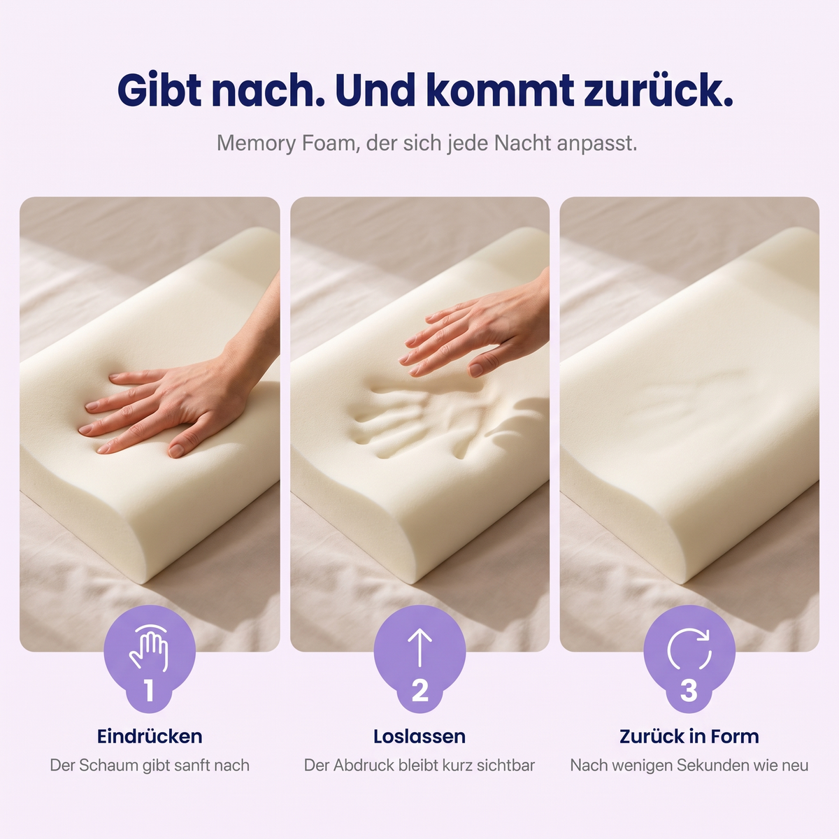 Memory-Foam-Kern des DreamyPillow™ Kids gibt nach und kommt zurück in Form