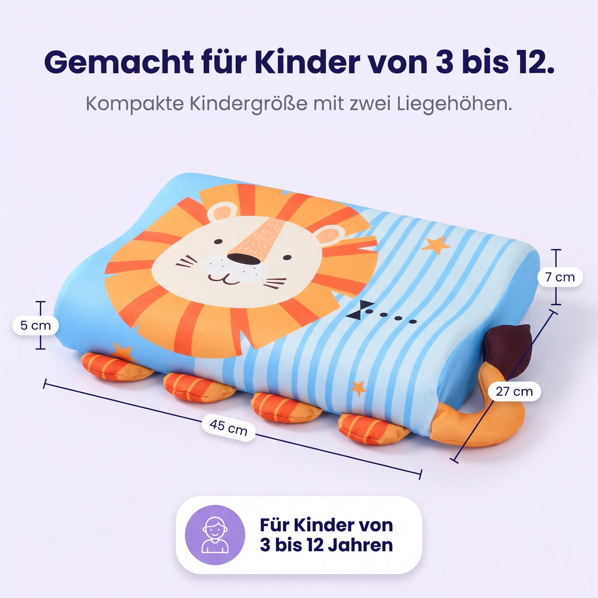 Maße DreamyPillow™ Kids: 45 × 27 cm, Höhe 5 und 7 cm