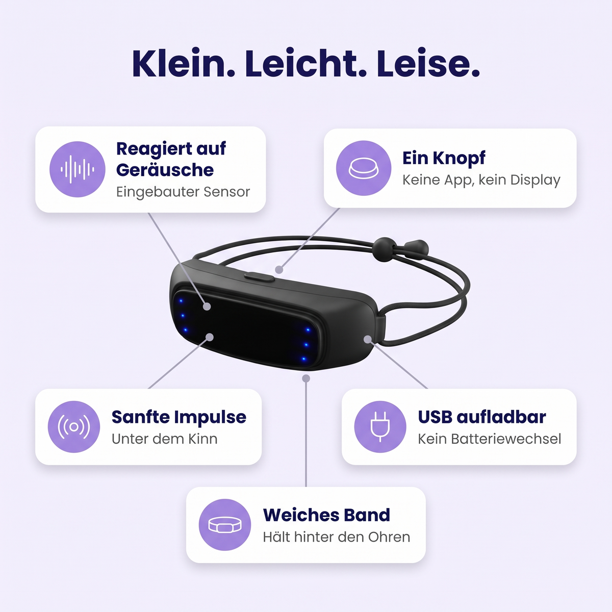 SnorryHelper™ Funktionen: Sensor, sanfte Impulse, ein Knopf, USB aufladbar, weiches Band
