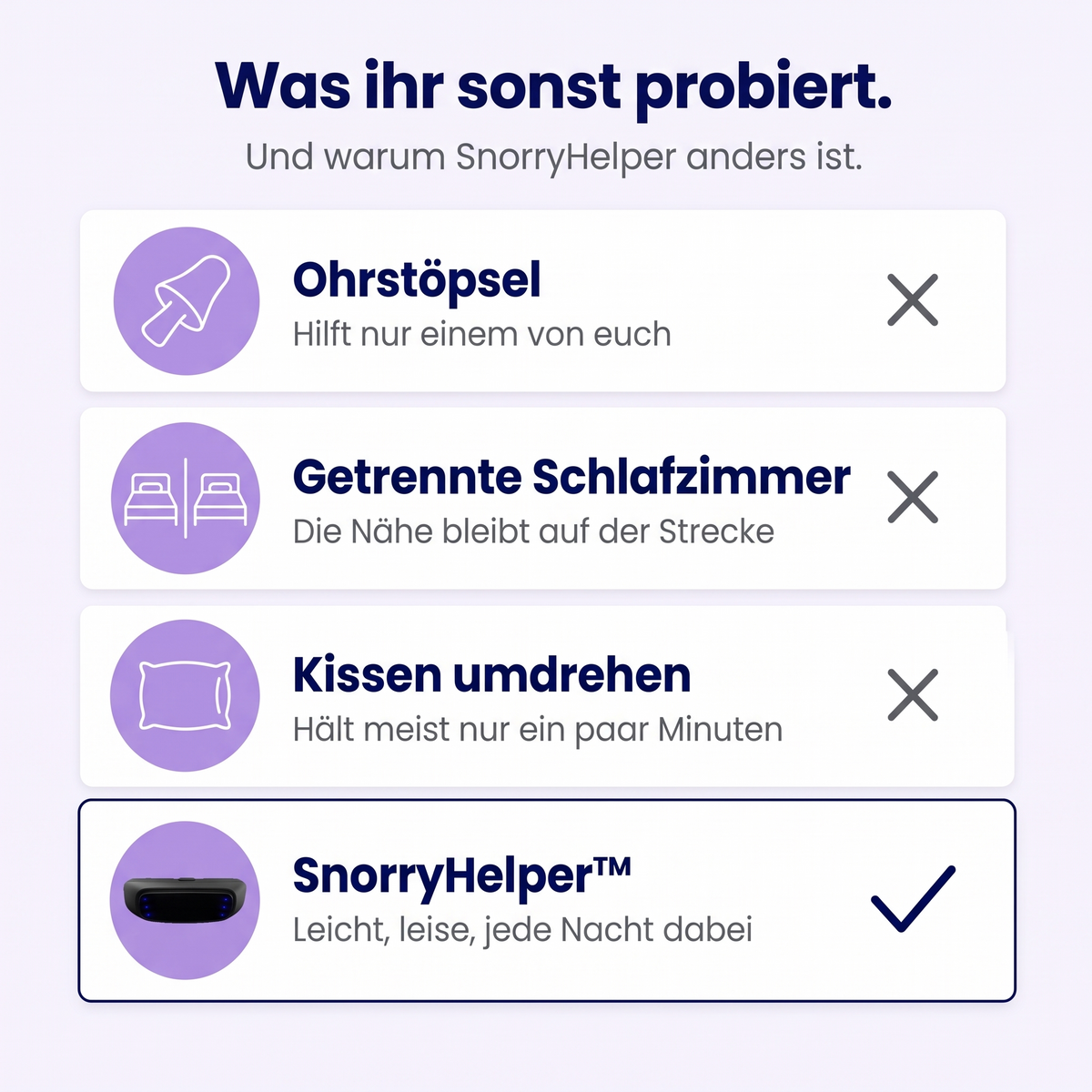 Vergleich: Ohrstöpsel, getrennte Schlafzimmer, Kissen umdrehen und SnorryHelper™