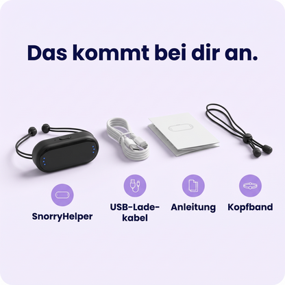 Lieferumfang: SnorryHelper™, USB-Ladekabel, Anleitung, Kopfband